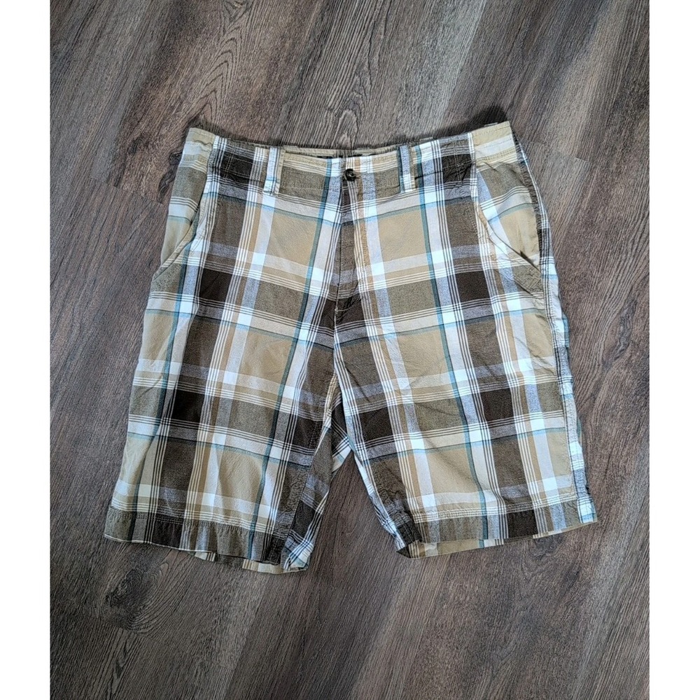 ARIZONA JEAN CO MENS SHORTS W 38 10" INSEAM Tan Blue PLAID MADRAS STYLE RELAX